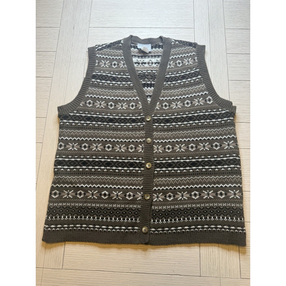 Vintage Blair Women's Brown & Cream Print Button Front‎ Sweater Vest. Sz M